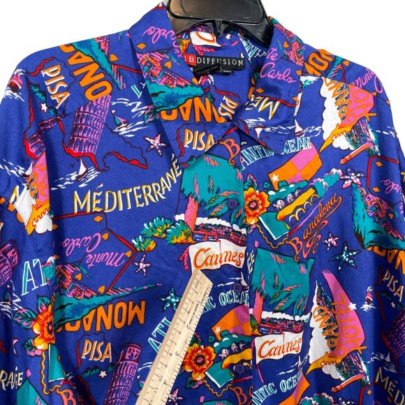 IB Diffusion Button Up Shirt Womens 24W Blue Graphic Destination Vacation Rayon - Picture 6 of 6